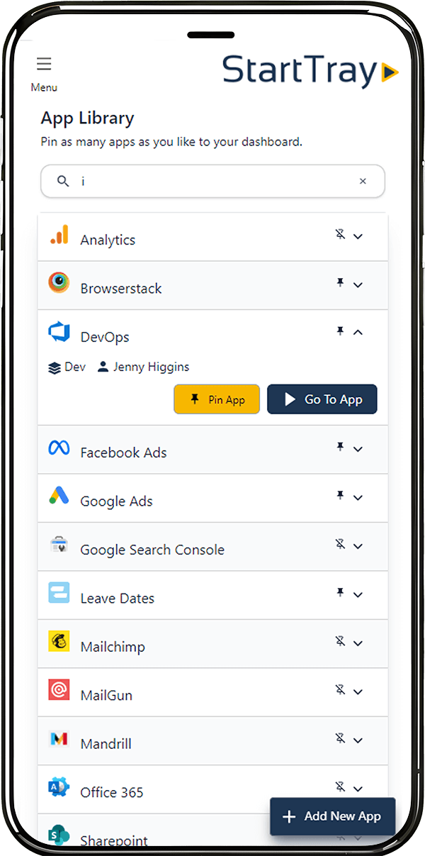 StartTray App Library on Mobile